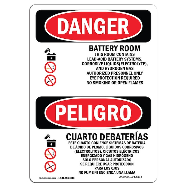 Safety Sign, OSHA Danger, 24" Height, Battery Room Bilingual Spanish, D-1824-VS-1842